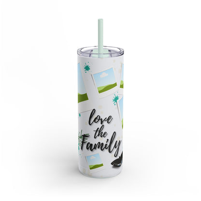 A set of three stainless steel tumblers with reusable straws and clear lids. The design features placeholders for family photos, surrounded by scenic green hills, blue skies, and whimsical elements like snowflakes and greenery. The central tumbler displays the phrase "Love the Family" in elegant, bold black script, complemented by soft decorative accents like leaves and abstract dots, creating a warm and family-oriented theme.