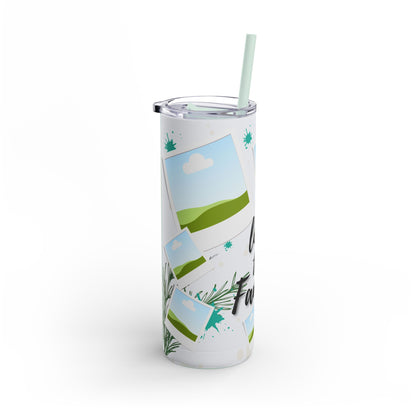 A set of three stainless steel tumblers with reusable straws and clear lids. The design features placeholders for family photos, surrounded by scenic green hills, blue skies, and whimsical elements like snowflakes and greenery. The central tumbler displays the phrase "Love the Family" in elegant, bold black script, complemented by soft decorative accents like leaves and abstract dots, creating a warm and family-oriented theme.
