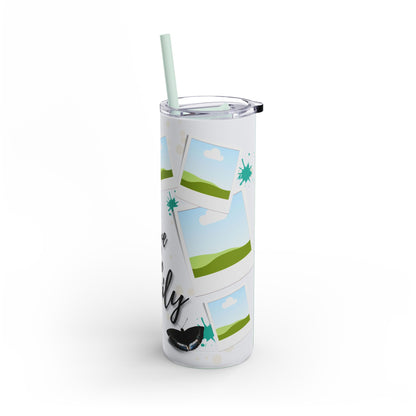 A set of three stainless steel tumblers with reusable straws and clear lids. The design features placeholders for family photos, surrounded by scenic green hills, blue skies, and whimsical elements like snowflakes and greenery. The central tumbler displays the phrase "Love the Family" in elegant, bold black script, complemented by soft decorative accents like leaves and abstract dots, creating a warm and family-oriented theme.