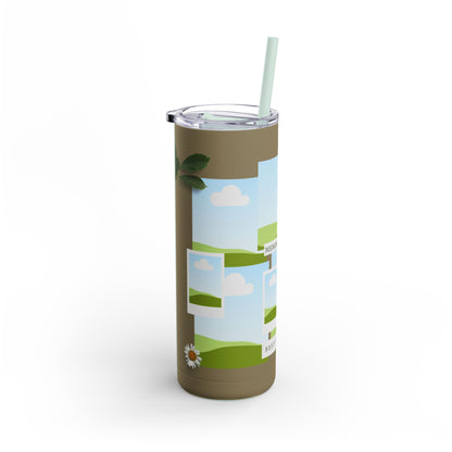 A set of three stainless steel tumblers with reusable straws and clear lids. The design features a warm brown background with placeholders for scenic photo frames showing green hills and blue skies. The central tumbler displays the phrase "Memories of Friends" and "Best Friend" in elegant, simple text. Additional details include green leaves, a daisy flower, and the heartfelt phrase "I love you so much, my friend!" on one tumbler. The design evokes a sense of friendship, nostalgia, and personalization.