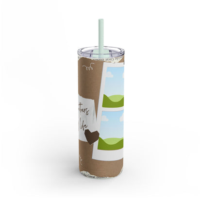 A set of three stainless steel tumblers with reusable straws and clear lids. The design features a warm, earthy brown background with artistic elements like torn paper textures and doodles. One tumbler displays the heartfelt phrase "My mother is my life" in elegant handwritten script, while the other two include placeholders for family photos framed against a scenic backdrop of green hills, blue skies, and fluffy white clouds. The overall design combines rustic charm with personalization, celebrating the bo