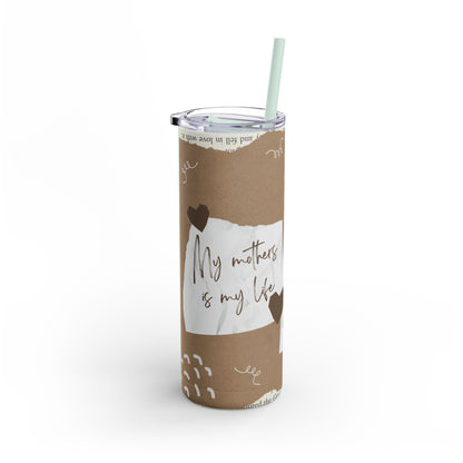 A set of three stainless steel tumblers with reusable straws and clear lids. The design features a warm, earthy brown background with artistic elements like torn paper textures and doodles. One tumbler displays the heartfelt phrase "My mother is my life" in elegant handwritten script, while the other two include placeholders for family photos framed against a scenic backdrop of green hills, blue skies, and fluffy white clouds. The overall design combines rustic charm with personalization, celebrating the bo