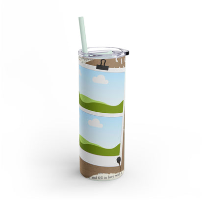 A set of three stainless steel tumblers with reusable straws and clear lids. The design features a warm, earthy brown background with artistic elements like torn paper textures and doodles. One tumbler displays the heartfelt phrase "My mother is my life" in elegant handwritten script, while the other two include placeholders for family photos framed against a scenic backdrop of green hills, blue skies, and fluffy white clouds. The overall design combines rustic charm with personalization, celebrating the bo