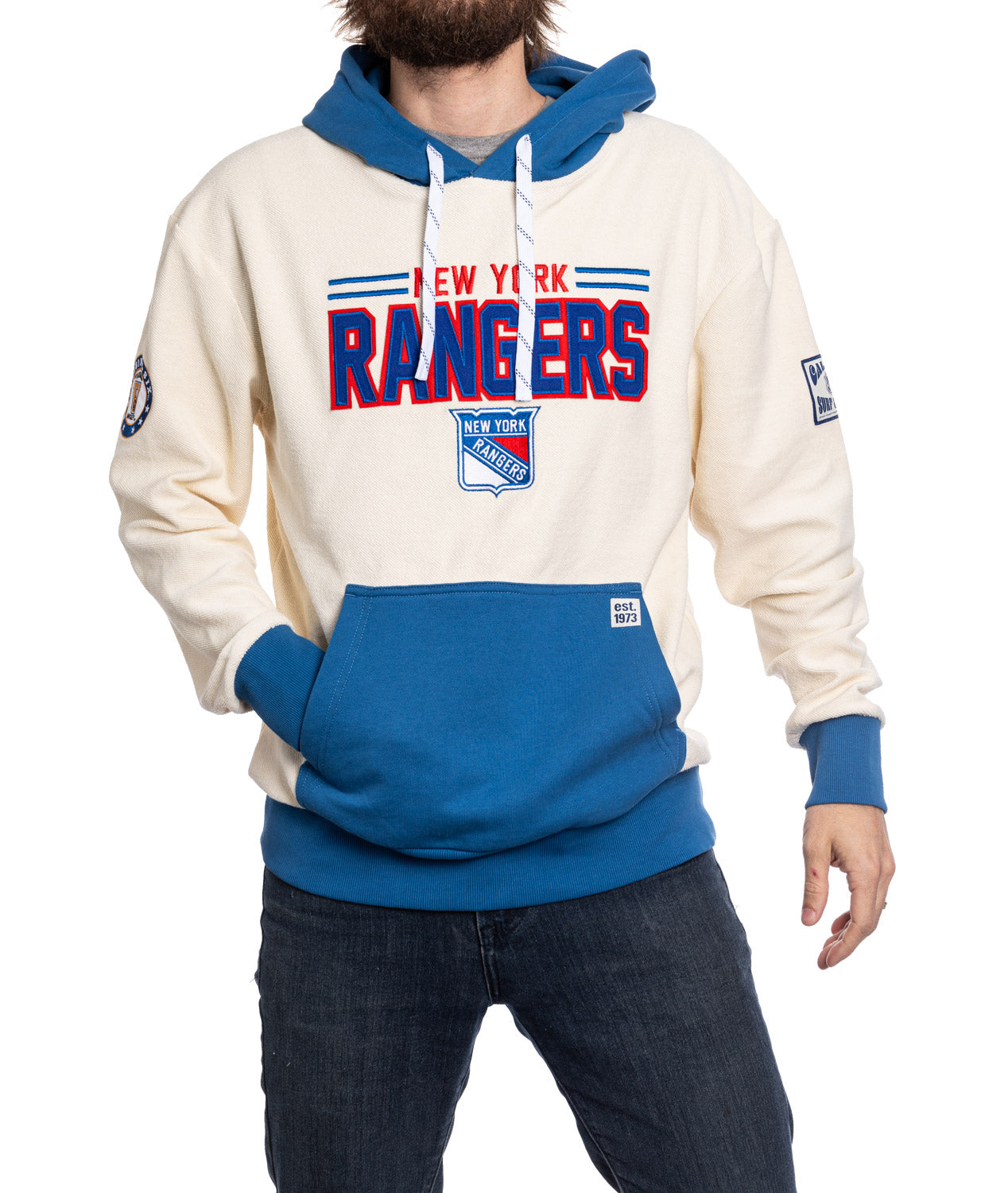 New York Rangers hoodie with blue and red design on a white background
