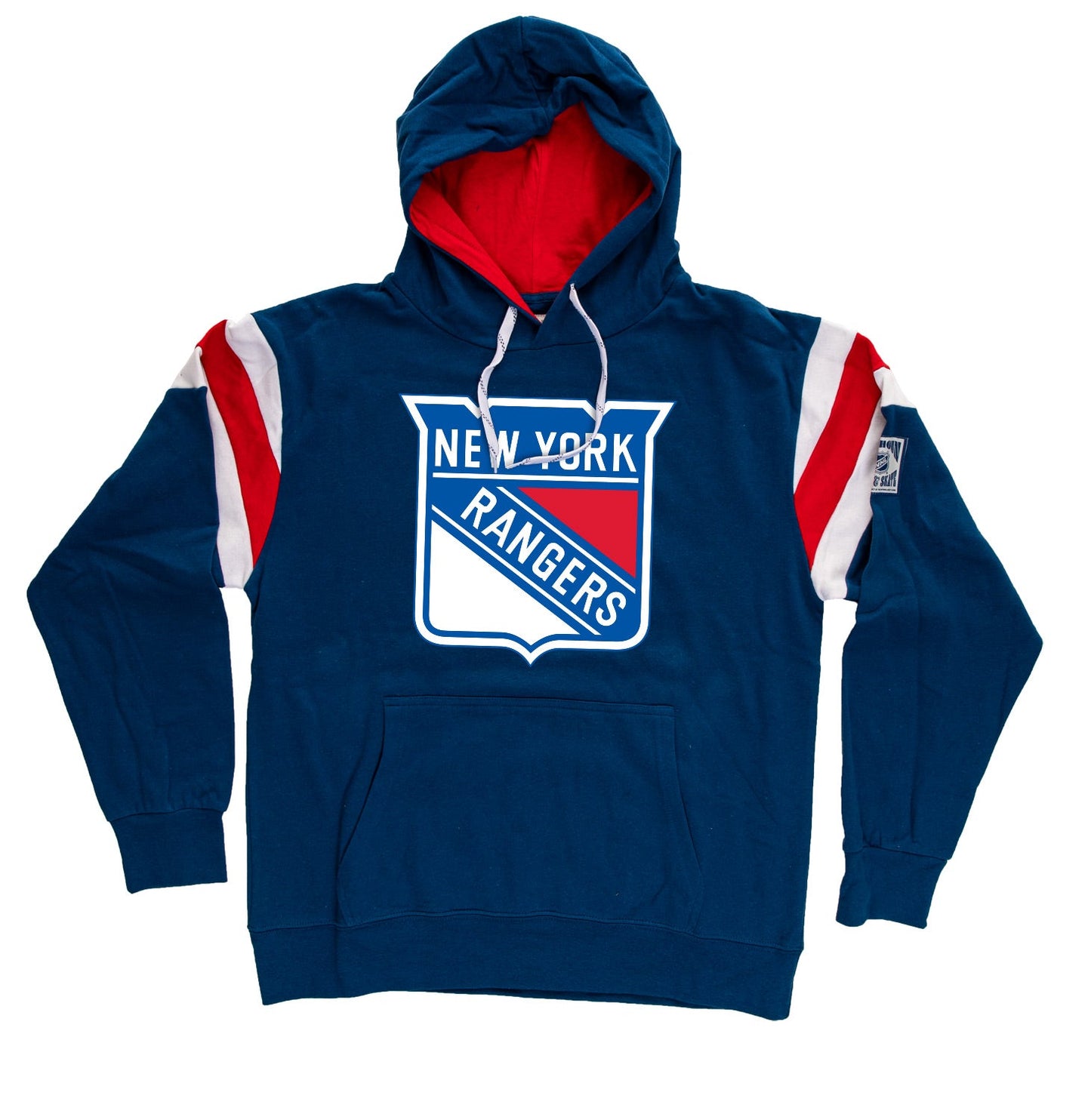 Blue hoodie with New York Rangers logo on a white background