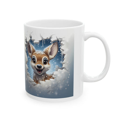 Adorable Deer-Themed Mug – Sublimation Design Featuring a Cute 3D-Like Illustration of a Cheerful Deer Peeking Through a Snowy Scene, Perfect for Holiday Beverages and Winter Celebrations.