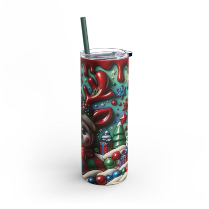 Christmas-themed stainless steel tumbler featuring a vibrant, festive design of a cheerful reindeer adorned with a Santa hat, holly, and colorful ornaments. The background showcases a playful green and red dripping pattern reminiscent of holiday candy. Includes a green straw and clear lid. Perfect for hot or cold beverages during the holiday season. Ideal for gifts or personal use. High-quality sublimation printing ensures durability and a vibrant finish.