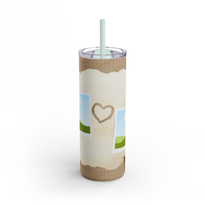 A set of three stainless steel tumblers with reusable straws and clear lids. The design features a rustic, textured beige background with grid elements and torn paper edges. Each tumbler includes placeholders for photos framed with a scenic backdrop of green hills, blue skies, and fluffy clouds. Delicate daisies, hand-drawn hearts, and dried leaves decorate the tumblers, adding a charming, nature-inspired touch perfect for personalization and gifting.