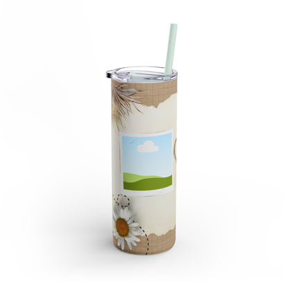 A set of three stainless steel tumblers with reusable straws and clear lids. The design features a rustic, textured beige background with grid elements and torn paper edges. Each tumbler includes placeholders for photos framed with a scenic backdrop of green hills, blue skies, and fluffy clouds. Delicate daisies, hand-drawn hearts, and dried leaves decorate the tumblers, adding a charming, nature-inspired touch perfect for personalization and gifting.