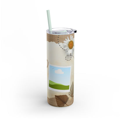 A set of three stainless steel tumblers with reusable straws and clear lids. The design features a rustic, textured beige background with grid elements and torn paper edges. Each tumbler includes placeholders for photos framed with a scenic backdrop of green hills, blue skies, and fluffy clouds. Delicate daisies, hand-drawn hearts, and dried leaves decorate the tumblers, adding a charming, nature-inspired touch perfect for personalization and gifting.
