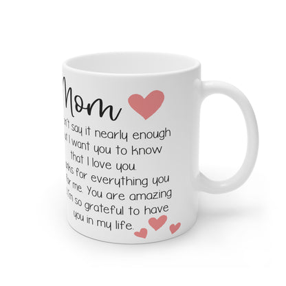 Heartfelt 'Mom' Mug – Sublimation Design Expressing Gratitude and Love, Featuring Elegant Script and Heart Accents, Perfect for Mother's Day or Any Occasion to Show Appreciation