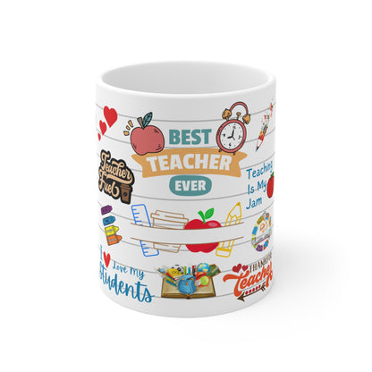 A white ceramic mug with a colorful teacher-themed design. The design features school-related elements such as a red apple, pencil, globe, books, and stationery. It includes uplifting text like “Best Teacher Ever,” “Teach, Love, Inspire,” “Teacher Fuel,” and “I Love My Students,” along with red hearts and playful illustrations. The layout combines motivational phrases and educational imagery in a vibrant, inspiring pattern.







