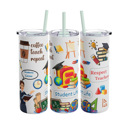 A set of three stainless steel tumblers with reusable straws and clear lids. The design features colorful school-themed illustrations, including books, globes, chalkboards, backpacks, and classroom essentials. The phrases "coffee, teach, repeat," "Student Life," and "Respect Teachers" are prominently displayed, celebrating educators and student life. Playful elements like apples, rulers, and stationery add charm to the vibrant and engaging teacher-inspired design.
