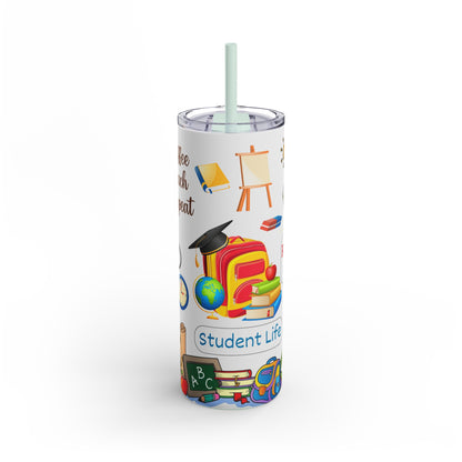 A set of three stainless steel tumblers with reusable straws and clear lids. The design features colorful school-themed illustrations, including books, globes, chalkboards, backpacks, and classroom essentials. The phrases "coffee, teach, repeat," "Student Life," and "Respect Teachers" are prominently displayed, celebrating educators and student life. Playful elements like apples, rulers, and stationery add charm to the vibrant and engaging teacher-inspired design.