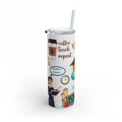 A set of three stainless steel tumblers with reusable straws and clear lids. The design features colorful school-themed illustrations, including books, globes, chalkboards, backpacks, and classroom essentials. The phrases "coffee, teach, repeat," "Student Life," and "Respect Teachers" are prominently displayed, celebrating educators and student life. Playful elements like apples, rulers, and stationery add charm to the vibrant and engaging teacher-inspired design.
