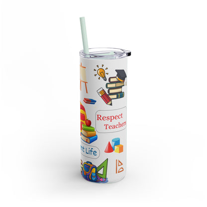 A set of three stainless steel tumblers with reusable straws and clear lids. The design features colorful school-themed illustrations, including books, globes, chalkboards, backpacks, and classroom essentials. The phrases "coffee, teach, repeat," "Student Life," and "Respect Teachers" are prominently displayed, celebrating educators and student life. Playful elements like apples, rulers, and stationery add charm to the vibrant and engaging teacher-inspired design.