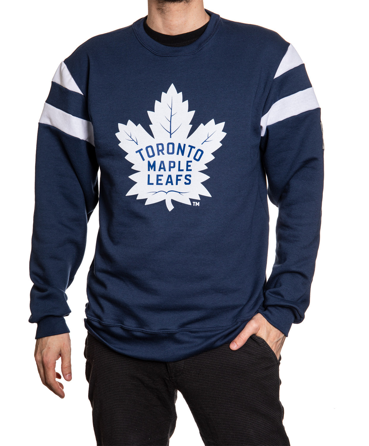 Navy blue sweatshirt with Toronto Maple Leafs logo on a white background