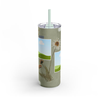 A set of three stainless steel tumblers with reusable straws and clear lids. The design features an earthy green background accented with subtle white paintbrush strokes. Each tumbler includes placeholders for scenic photos with green hills and blue skies. Hand-drawn wildflowers, daisies, and delicate ferns add a natural, rustic charm, while one tumbler features the uplifting phrase "Today is a good day" in elegant script. The design evokes a serene, nature-inspired theme perfect for personalization.