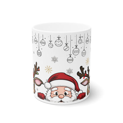 Festive 'Peeking Reindeer and Santa' Mug – Sublimation Ceramic Design for 11oz and 15oz Sizes, Featuring Adorable Holiday Characters and Hanging Ornaments, Perfect for Christmas Cheer