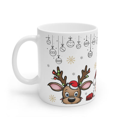 Festive 'Peeking Reindeer and Santa' Mug – Sublimation Ceramic Design for 11oz and 15oz Sizes, Featuring Adorable Holiday Characters and Hanging Ornaments, Perfect for Christmas Cheer