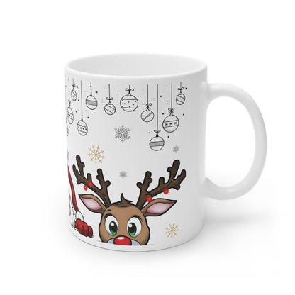 Festive 'Peeking Reindeer and Santa' Mug – Sublimation Ceramic Design for 11oz and 15oz Sizes, Featuring Adorable Holiday Characters and Hanging Ornaments, Perfect for Christmas Cheer