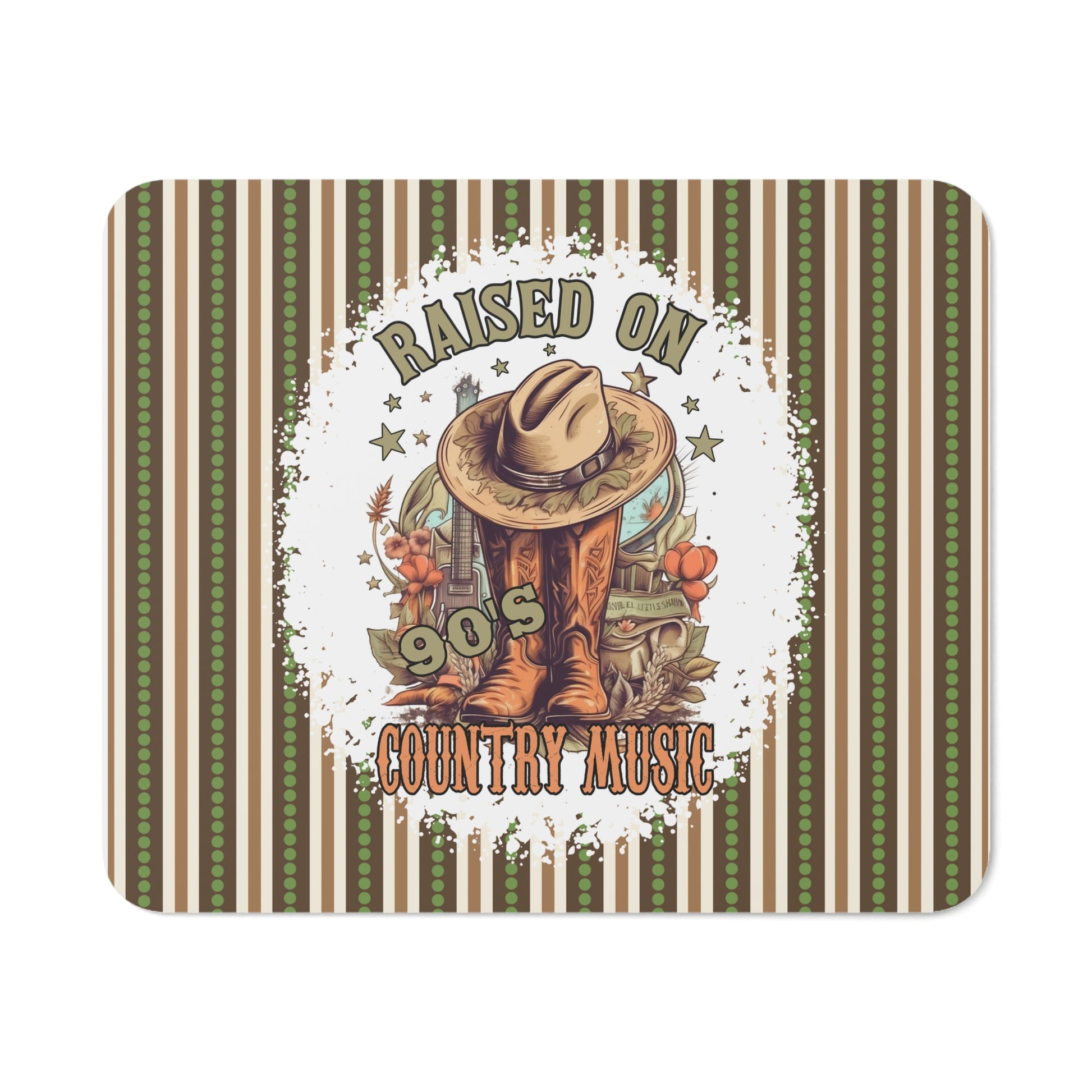 Country Music Mouse Pad – 'Raised on 90's Country Music' Design Featuring Cowboy Hat, Boots, and Rustic Accents. A Nostalgic and Stylish Addition to Any Desk Setup!