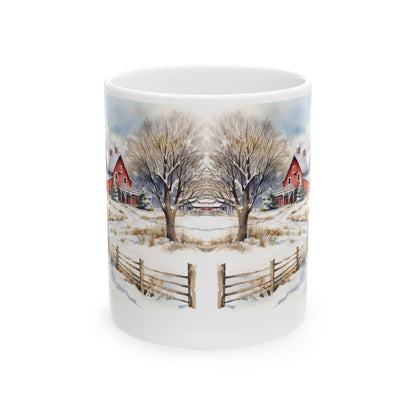 Charming Winter Country Mug – Sublimation Design Featuring a Scenic Snow-Covered Farm with a Red Barn and Cozy Country Landscape, Perfect for Warm Drinks and Seasonal Enjoyment.