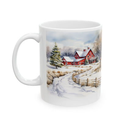 Charming Winter Country Mug – Sublimation Design Featuring a Scenic Snow-Covered Farm with a Red Barn and Cozy Country Landscape, Perfect for Warm Drinks and Seasonal Enjoyment.