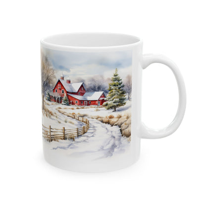 Charming Winter Country Mug – Sublimation Design Featuring a Scenic Snow-Covered Farm with a Red Barn and Cozy Country Landscape, Perfect for Warm Drinks and Seasonal Enjoyment.