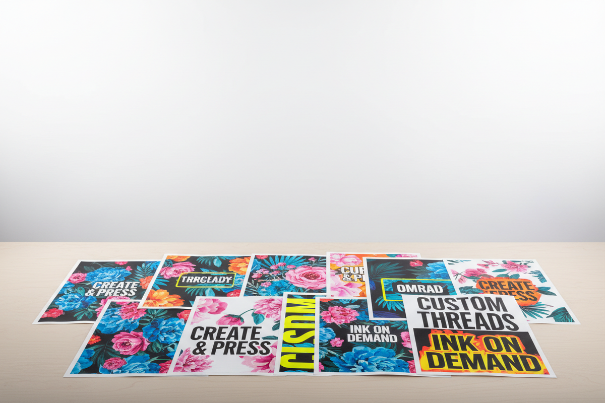 Create a high-resolution, professional Shopify collection banner image (landscape orientation) for HVH Homestead / HVH Creations. Theme: DTF Transfers – Ready-to-Press Full-Color Apparel Transfers. The image must be clean, technical, vibrant, and premium.

Visual style:
– Neutral studio background (white, soft grey, or minimal gradient)
– Even, bright lighting
– Clean, print-focused aesthetic
– Modern, organized, professional look

Foreground:
Display a variety of DTF transfer sheets arranged neatly, includ