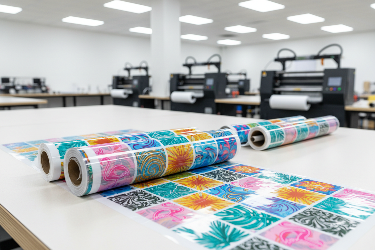 Create a wide hero banner image showcasing Custom DTF Gang Sheets up to 22 inches wide. Use a clean print-shop background, a realistic long 22" gang sheet with vibrant designs, and leave open space for text. No people, no text, no logos—just a bright, professional product-focused banner.