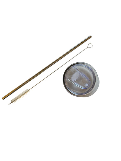 Eco-friendly stainless steel tumbler lid and straw set with cleaning brush – perfect for reusable drinkware enthusiasts. Includes a clear, secure lid, durable metal straw, and convenient cleaning tool. Ideal for sustainable living and on-the-go beverages."
