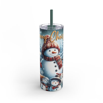 Festive 20oz sublimation tumbler featuring a cheerful snowman, reindeer, and winter wonderland scene with the text 'Merry Christmas.' Double-walled for hot or cold beverages, this tumbler includes a reusable straw, making it the perfect holiday gift or accessory for spreading seasonal cheer.