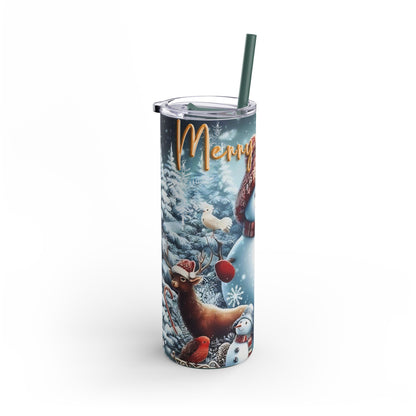 Festive 20oz sublimation tumbler featuring a cheerful snowman, reindeer, and winter wonderland scene with the text 'Merry Christmas.' Double-walled for hot or cold beverages, this tumbler includes a reusable straw, making it the perfect holiday gift or accessory for spreading seasonal cheer.