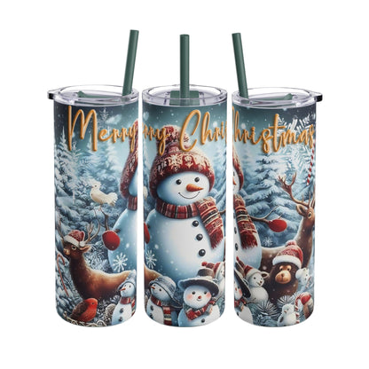 Festive 20oz sublimation tumbler featuring a cheerful snowman, reindeer, and winter wonderland scene with the text 'Merry Christmas.' Double-walled for hot or cold beverages, this tumbler includes a reusable straw, making it the perfect holiday gift or accessory for spreading seasonal cheer.