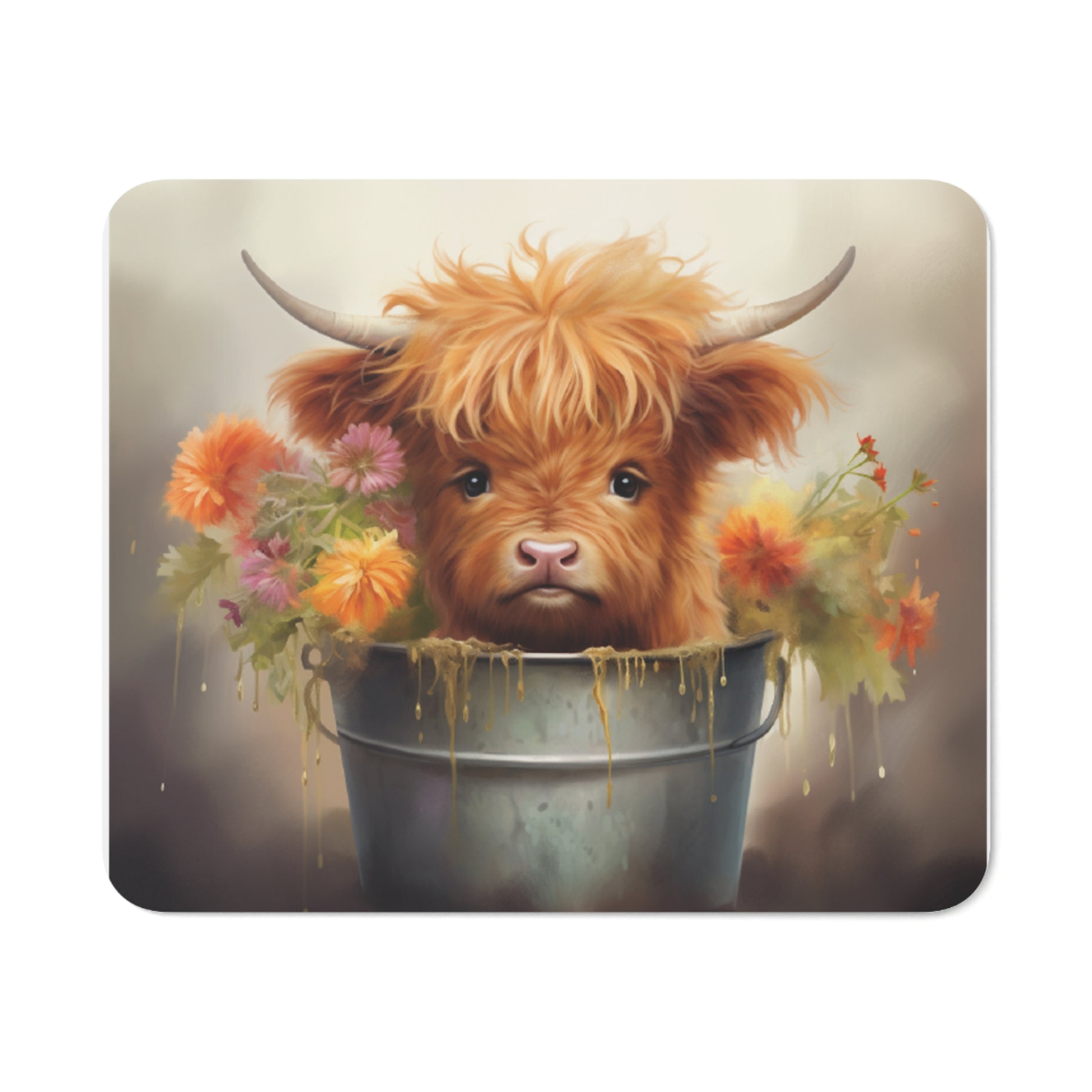 Highland Cow Mouse Pad – Premium Sublimation Computer Accessory Featuring an Adorable Highland Cow Peeking from a Rustic Bucket Surrounded by Vibrant Flowers, Perfect for Adding Warmth and Charm to Your Workspace.