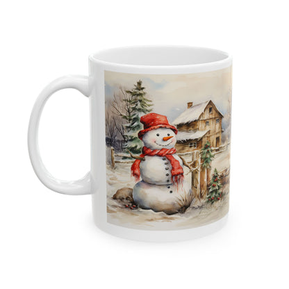 Country Snowman Mug – Sublimation Ceramic 11oz and 15oz Mug Featuring a Cheerful Snowman in a Rustic Winter Countryside Scene, Ideal for Holiday and Seasonal Celebrations.