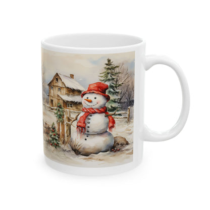 Country Snowman Mug – Sublimation Ceramic 11oz and 15oz Mug Featuring a Cheerful Snowman in a Rustic Winter Countryside Scene, Ideal for Holiday and Seasonal Celebrations.