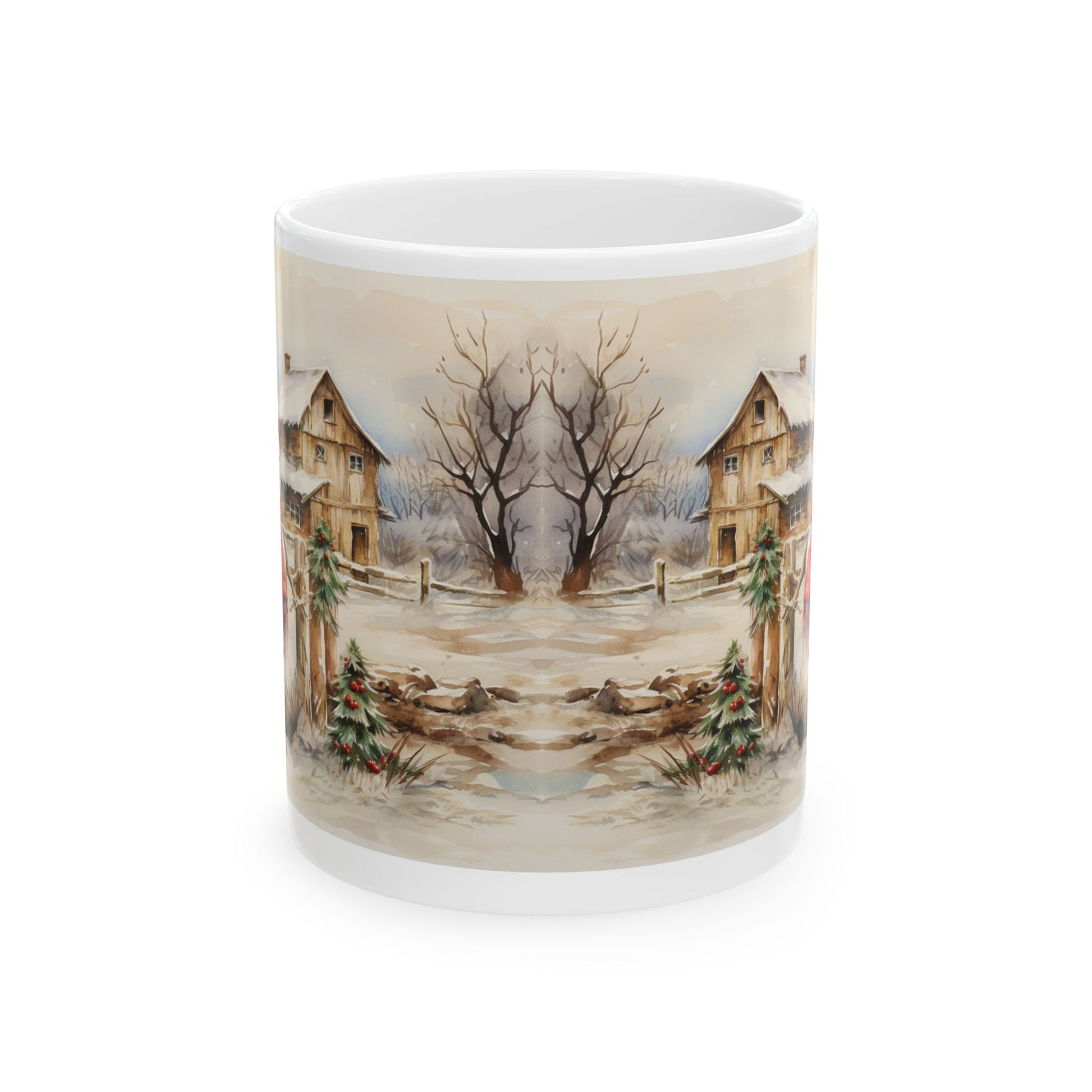 Country Snowman Mug – Sublimation Ceramic 11oz and 15oz Mug Featuring a Cheerful Snowman in a Rustic Winter Countryside Scene, Ideal for Holiday and Seasonal Celebrations.