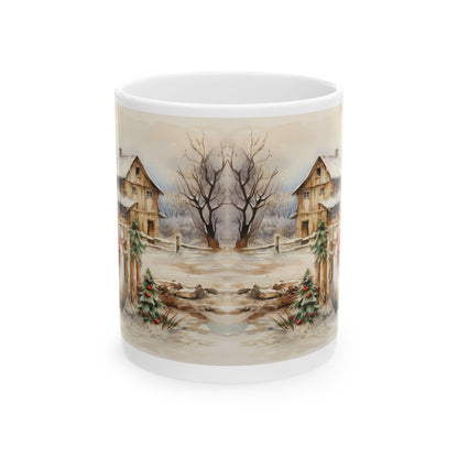 Country Snowman Mug – Sublimation Ceramic 11oz and 15oz Mug Featuring a Cheerful Snowman in a Rustic Winter Countryside Scene, Ideal for Holiday and Seasonal Celebrations.