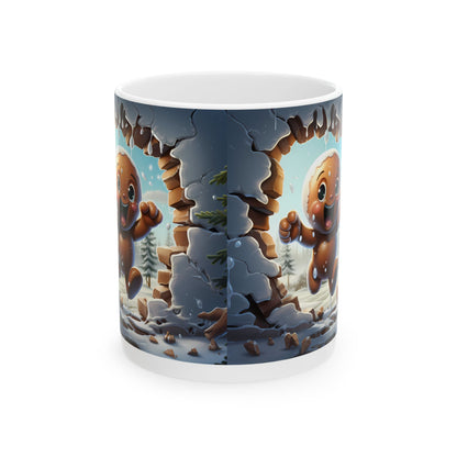 A white ceramic mug featuring a colorful sublimation print of a joyful gingerbread character breaking through a snow-covered wall with a vibrant winter landscape in the background. The design is playful and festive, ideal for holiday celebrations.