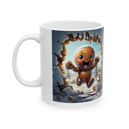 A white ceramic mug featuring a colorful sublimation print of a joyful gingerbread character breaking through a snow-covered wall with a vibrant winter landscape in the background. The design is playful and festive, ideal for holiday celebrations.