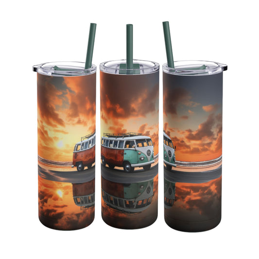 Stylish 20oz sublimation tumbler featuring a vintage beach van cruising along a sunset shoreline. With vivid orange and golden hues capturing a serene coastal vibe, this double-walled tumbler keeps drinks hot or cold and includes a reusable straw. Perfect for beach lovers and adventure enthusiasts.