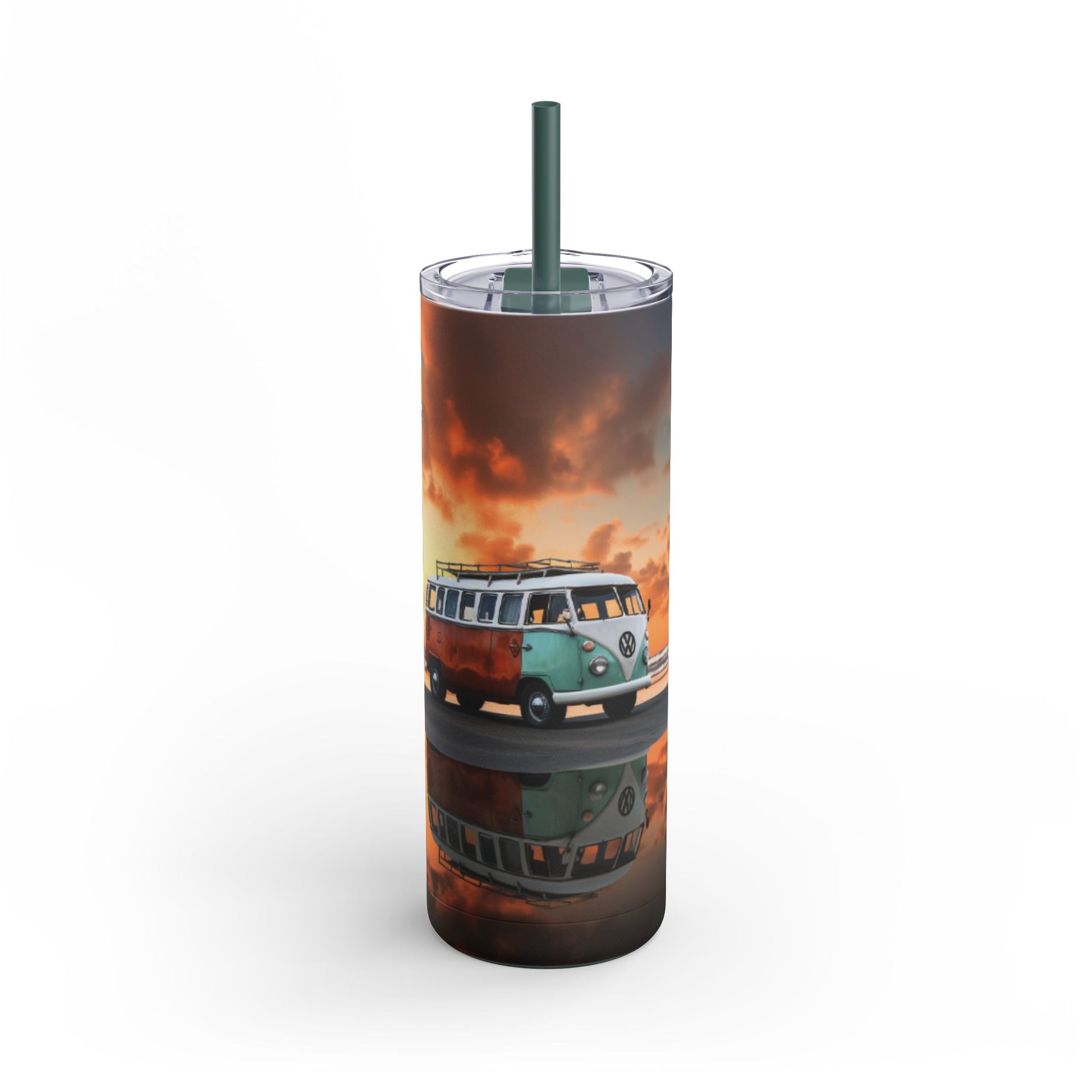 Stylish 20oz sublimation tumbler featuring a vintage beach van cruising along a sunset shoreline. With vivid orange and golden hues capturing a serene coastal vibe, this double-walled tumbler keeps drinks hot or cold and includes a reusable straw. Perfect for beach lovers and adventure enthusiasts.