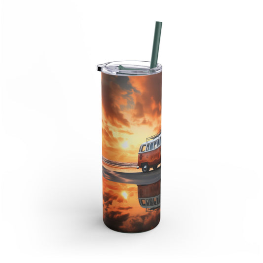 Stylish 20oz sublimation tumbler featuring a vintage beach van cruising along a sunset shoreline. With vivid orange and golden hues capturing a serene coastal vibe, this double-walled tumbler keeps drinks hot or cold and includes a reusable straw. Perfect for beach lovers and adventure enthusiasts.