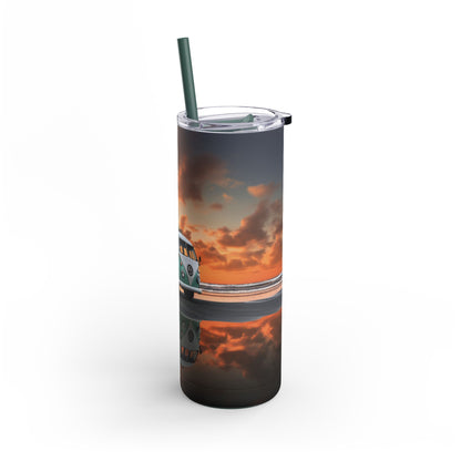 Stylish 20oz sublimation tumbler featuring a vintage beach van cruising along a sunset shoreline. With vivid orange and golden hues capturing a serene coastal vibe, this double-walled tumbler keeps drinks hot or cold and includes a reusable straw. Perfect for beach lovers and adventure enthusiasts.