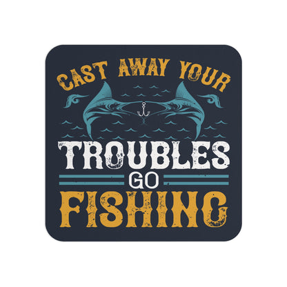 Fishing-Themed Coaster with the Motivational Quote 'Cast Away Your Troubles, Go Fishing' – Rustic Sublimation Design Featuring Ocean Waves and Fish Graphics, Perfect for Relaxation and Outdoor Enthusiasts.