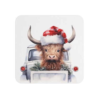 Charming Christmas Coaster with a Highland Cow in a Santa Hat Riding in a Vintage White Truck – Perfect Sublimation Design for Rustic Farmhouse Holiday Décor