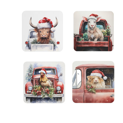 et of four Christmas-themed sublimation coasters featuring country animals in festive Santa hats: a highland cow, a lamb, a chicken, and a dog, each posed with vintage red trucks and holiday decorations, perfect for rustic holiday decor and gifts