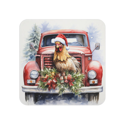 Rustic Christmas Coaster with a Festive Rooster in a Santa Hat Sitting on a Vintage Red Truck Decorated with a Holiday Wreath – Perfect Sublimation Design for Farmhouse and Country-Themed Holiday Décor.